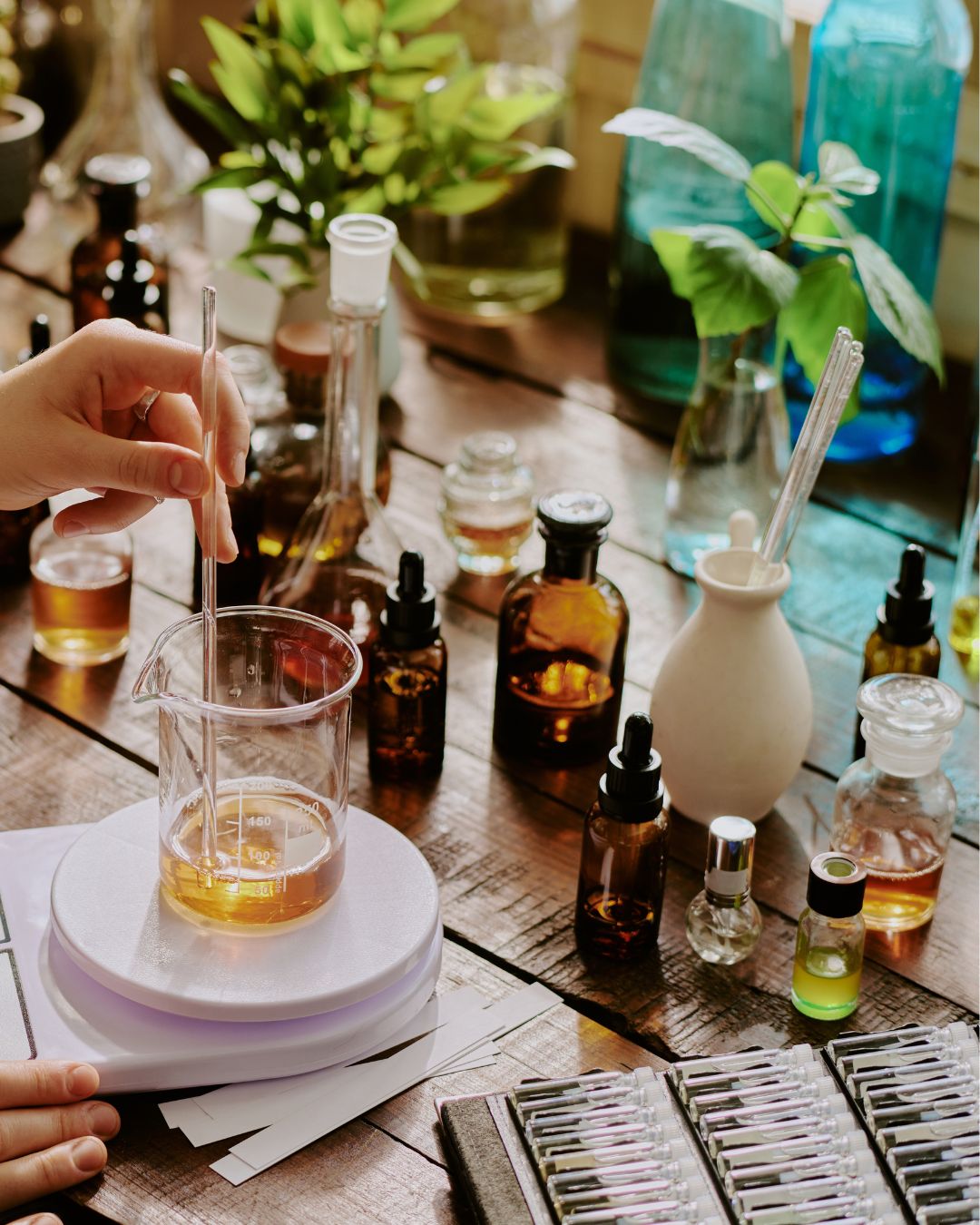Person working with glass beakers and bottles on a wooden table, surrounded by plants.